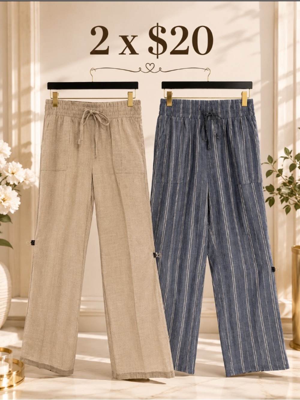 Wide-Leg Drawstring Pants in Beige and Blue Stripe